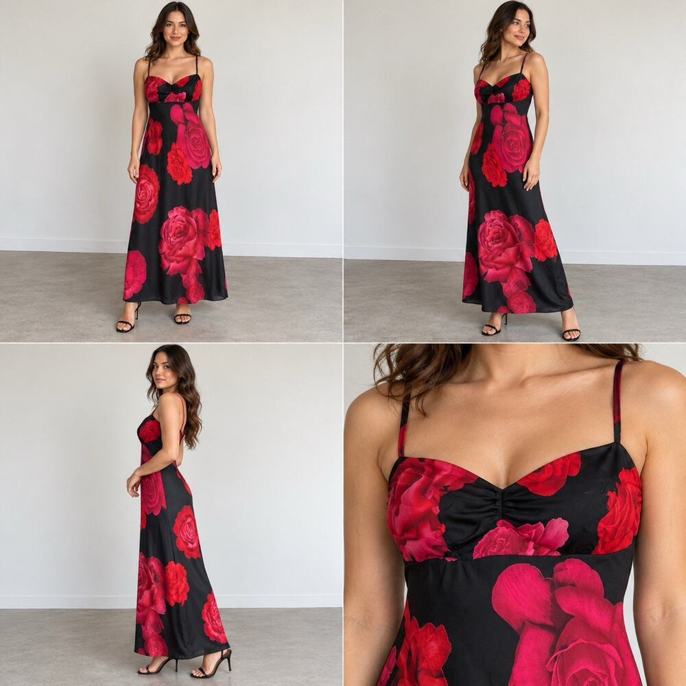 Be Smart Dress Juniors 9/10 Black Red Pink Rose Floral Spaghetti Strap Made USA